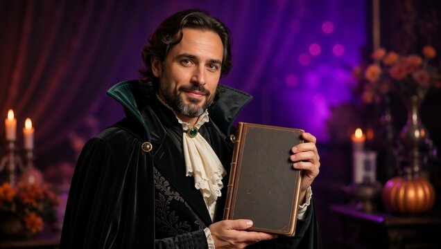 Man in a gothic vampire costume holding an old book. Vampire cosplay portrait with purple lighting and candles