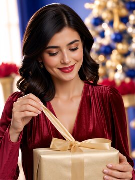 Smiling woman opening a gold Christmas gift. Young female in red velvet dress unwrapping a present. Festive holiday background with decorated tree
