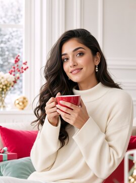 Portrait of a smiling young woman holding a red mug in a cozy winter setting. Happy female in white sweater celebrating Christmas holidays at home