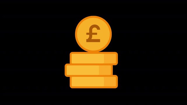 Animated British pound coin investment graphic featuring a pound coin on money bars with transparent background. Six-second motion graphic for finance, savings, wealth, and investment content.