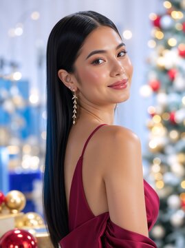 Elegant young Asian woman looking over her shoulder in a burgundy satin dress. Festive Christmas party background with blurred tree and lights. Vertical portrait