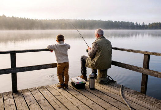 Grandfather and grandchild fishing from a wooden dock on a misty lake