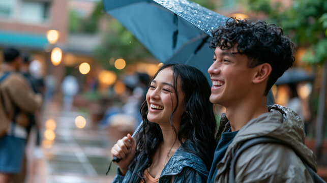 Two peer 16-year-old teenagers pause beneath a plain rain umbrella with mutual shy smiles on a neighborhood courtyard walkway, their rain jackets zipped over everyday clothing.