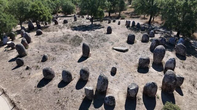 Aerial view of Almendres Cromlech megalithic site, Portugal.