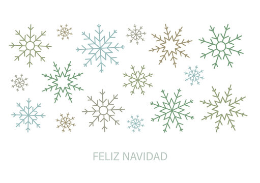 Festive Spanish language "Feliz Navidad" (Merry Christmas) postcard with differently sized and formed snowflakes on white background.