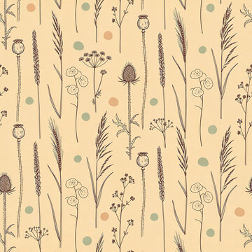 Hand drawn wild grasses and dried seed head pattern in muted tones