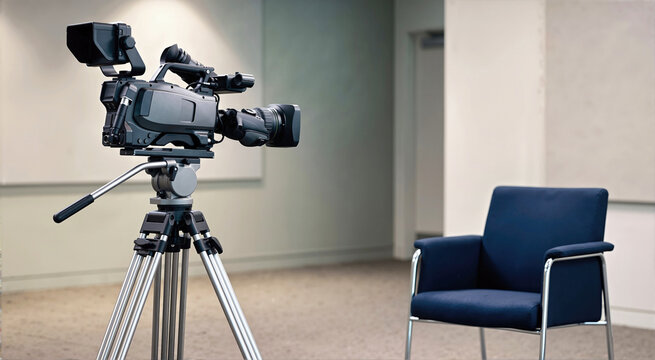 Professional broadcast video camera on metal tripod in navy blue armchair studio interior setting. Media production equipment and film set setup for interview recording and television broadcasting