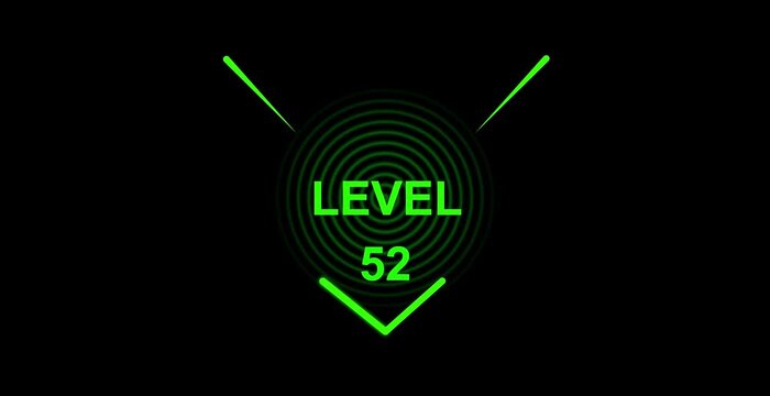 glitch text level 52 animation. text level up with glitch effect on black background.