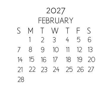 February 2027 calendar month template. Minimalist and simple thin black typography layout isolated on a clean white background. Perfect for modern business planners, office wall organizers, desk agend