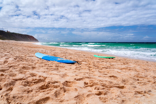 Surfboards on beach, Praia de Paredes da Vit&oacute;ria, Nazar&eacute;, Portugal, holiday background.