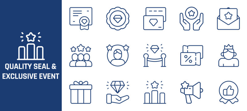 Professional vector icon set illustrating quality seals and exclusive event concepts with clean linear blue designs