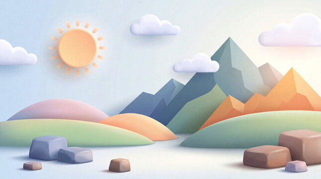 Paper craft style landscape with colorful mountains and sun in the sky landscape illustration mountain range rolling hills fluffy clouds