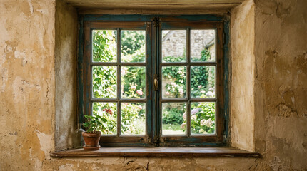 Obraz premium Rustic Window View Of Lush Garden And Stone Building