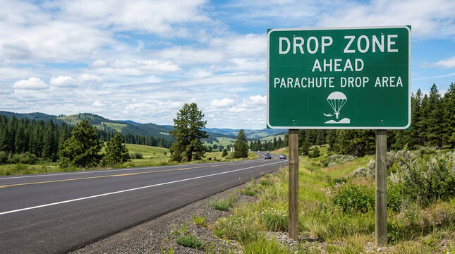 Scenic Highway With Drop Zone Ahead Sign And Rolling Hills