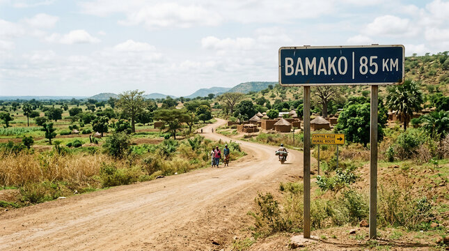 Scenic African Landscape With Bamako Signpost And Rural Village Scene