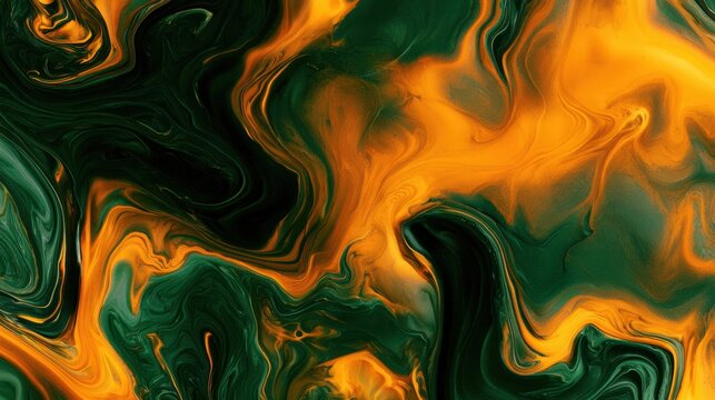 Vivid warm orange mixes with dark bottle-green in a striking fluid abstract scene viewed from above, showcasing bold color contrast.
