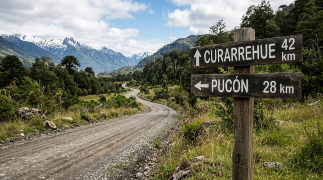 Scenic Mountain Road With Directional Sign In Patagonia