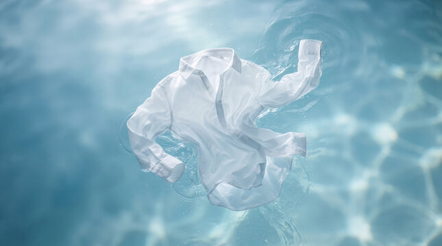 White shirt floating and billowing in clear blue water with light reflections