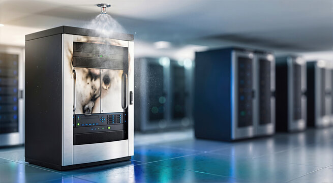 Damaged server rack cabinet with burn marks and smoke residue under active fire suppression water sprinkler in modern data center. IT infrastructure emergency and fire safety system