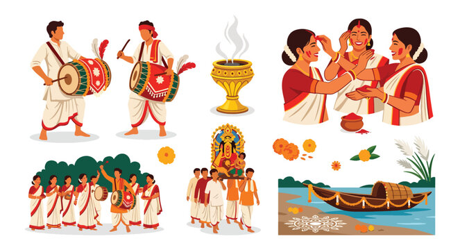 Durga puja festival celebration vector illustration collection set, hindu indian holiday concept.