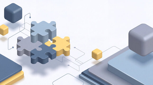 Abstract 3D isometric illustration of connected puzzle pieces with floating geometric cubes logical connection problem solving structure