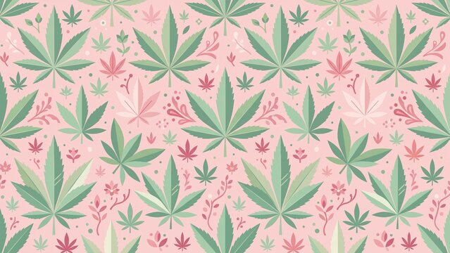 Seamless pattern with green and pink cannabis leaves.