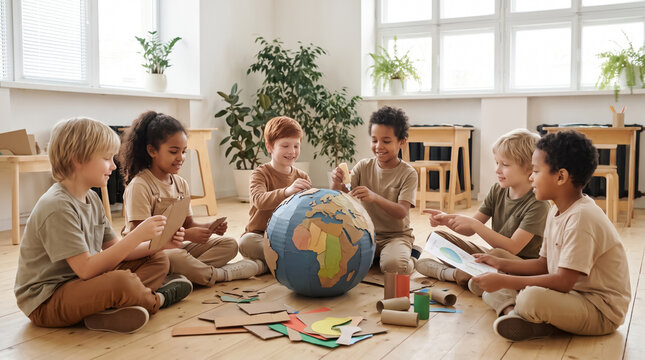 Diverse group of children sitting in a circle on the floor working together with a globe children education classroom learning students