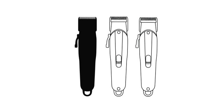 Hair clippers in black silhouette and line art variations on white background