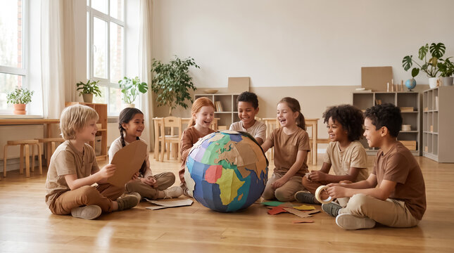 Diverse group of children sitting on a wooden floor in a circle playing with a large globe children education classroom learning geography