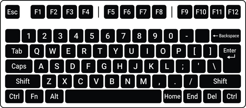 Computer qwerty keyboard top view layout outline vector illustration with functional numeric alphabet control button keys graphic