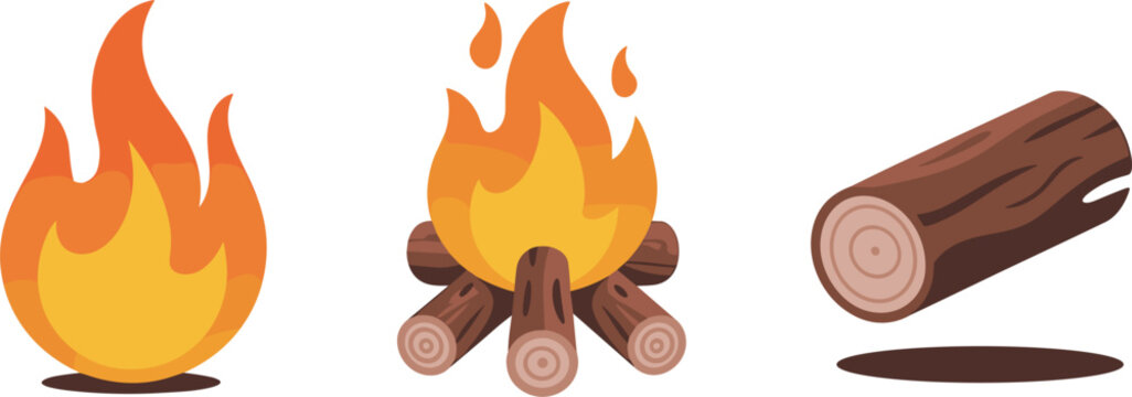 Flat vector icon collection featuring flaming campfire bonfire elements and a single wooden log isolated on a solid white backgroundFlat vector icon collection featuring 