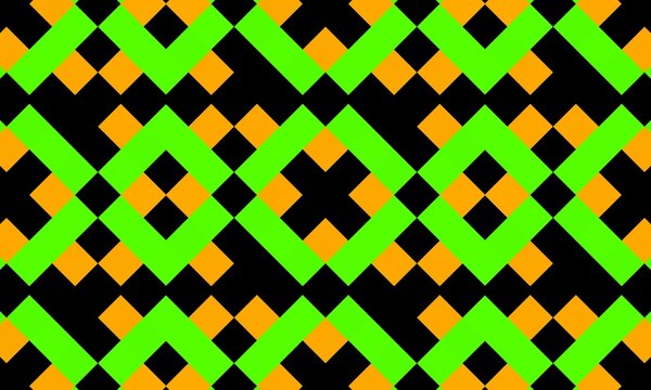 Seamless pixelated geometric pattern featuring vibrant lime green and orange interlocking cross shapes on black.