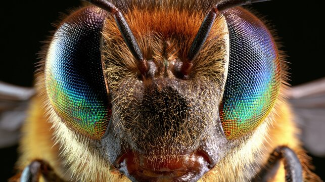 Honeybee face portrait features huge compound eyes with rainbow facets, fine hairs, and antennae under a single light source.