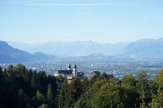 View of the Basilica of Bildstein with the Vorarlberg Rhine Valley in the background