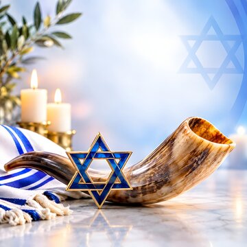 Shofar and Star of David with lit candles in soft blue background representing Jewish holidays and traditions