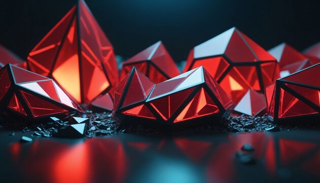 Luminous 3D abstract background with glowing geometric red crystal stones and neon light