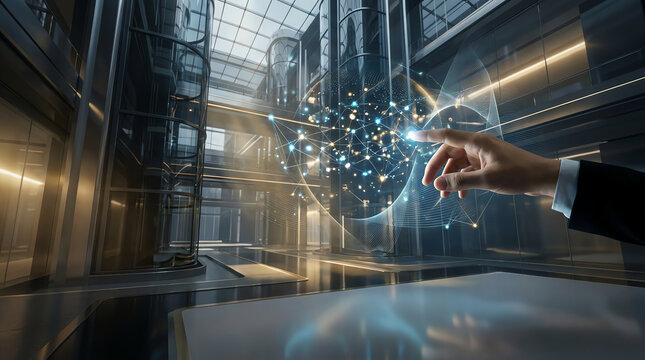 A human hand interacts with a glowing network of nodes in a modern architectural space silhouette