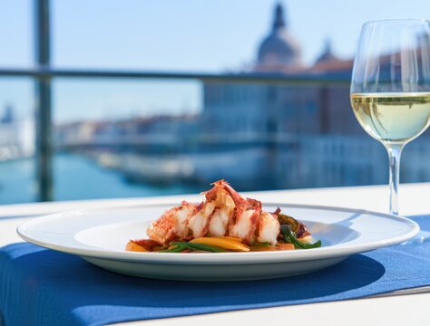 Grilled lobster tail with lemon and herbs served on white plate at outdoor waterfront restaurant with glass of white wine