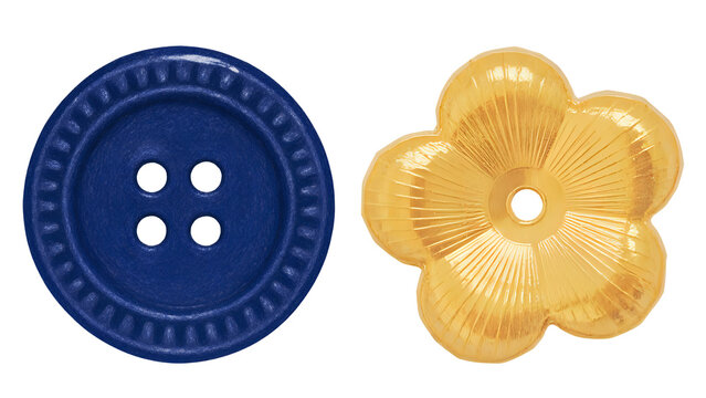 Blue round four-hole sewing button and yellow flower-shaped decorative button isolated on white