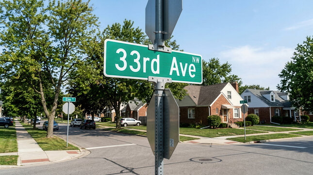 Suburban Street Signage In Residential Neighborhood With Houses And Trees