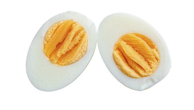 Two halves of a hard-boiled egg showing white albumen and textured yellow yolk, isolated on transparent background
