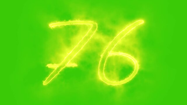 Glowing yellow gold number 76 Animation | Neon Alphabet Typography Motion Graphic. 76 number mathematics text on green background. Bright glowing number 76 countdown icon.