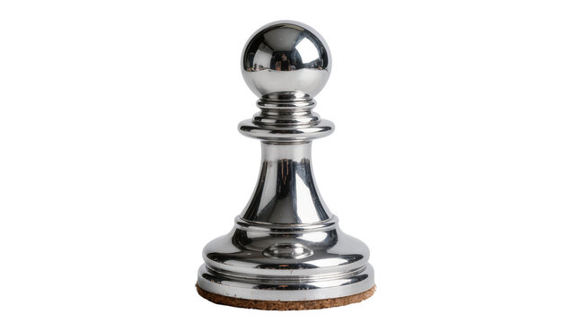 Shiny metallic chrome chess pawn piece with cork base, isolated on transparent background