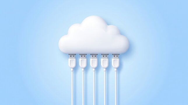 White 3D cloud model connected to multiple usb cables against a clean light blue background with cloud computing usb cable cloud storage data transfer cloud icon data sync digital cloud