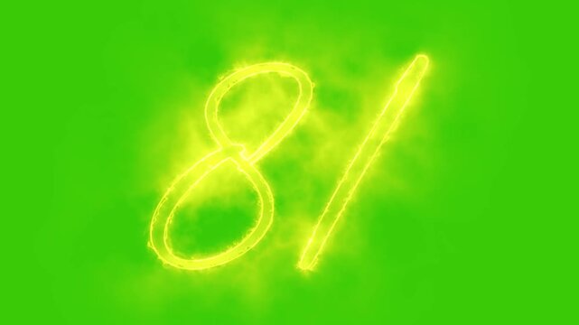 Glowing yellow gold number 81 Animation | Neon Alphabet Typography Motion Graphic. 81 number mathematics text on green background. Bright glowing number 81 countdown icon.