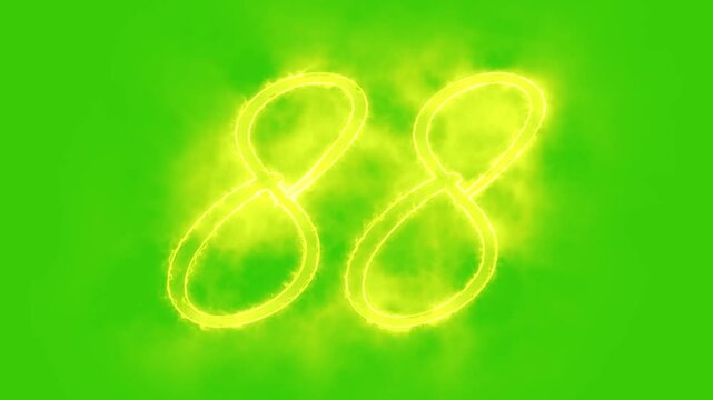 Glowing yellow gold number 88 Animation | Neon Alphabet Typography Motion Graphic. 88 number mathematics text on green background. Bright glowing number 88 countdown icon.