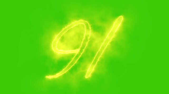 Glowing yellow gold number 91 Animation | Neon Alphabet Typography Motion Graphic. 91 number mathematics text on green background. Bright glowing number 91 countdown icon.