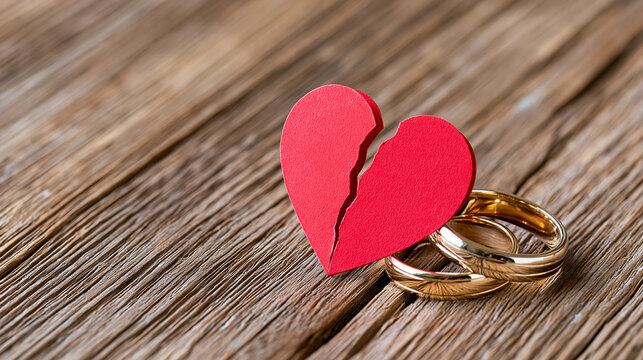 Broken paper heart beside wedding rings on a dining table, divorce and relationship problems, emotional heartbreak, marriage separation, conceptual stock photography, with copy