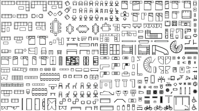 Architectural symbols furniture floor plan elements top view vector