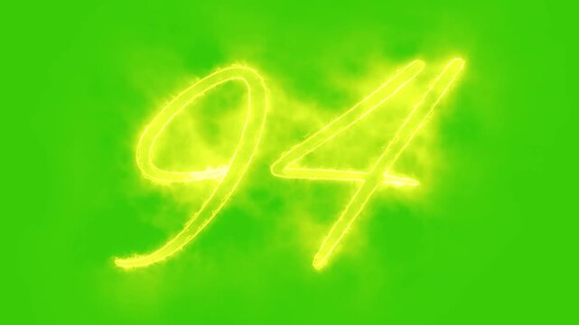 Glowing yellow gold number 94 Animation | Neon Alphabet Typography Motion Graphic. 94 number mathematics text on green background. Bright glowing number 94 countdown icon.